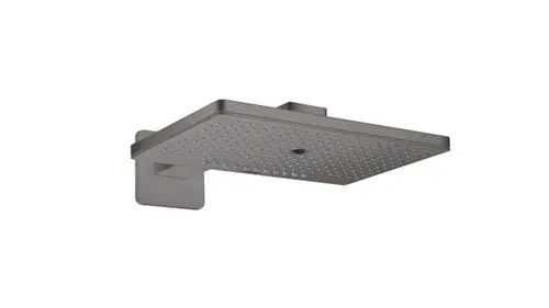 Kopfbrause in brushed black chrome mit quadratischer Oberfläche und mehreren Strahlarten, montiert an einem wandbefestigten Brausearm. Produkt von AXOR.